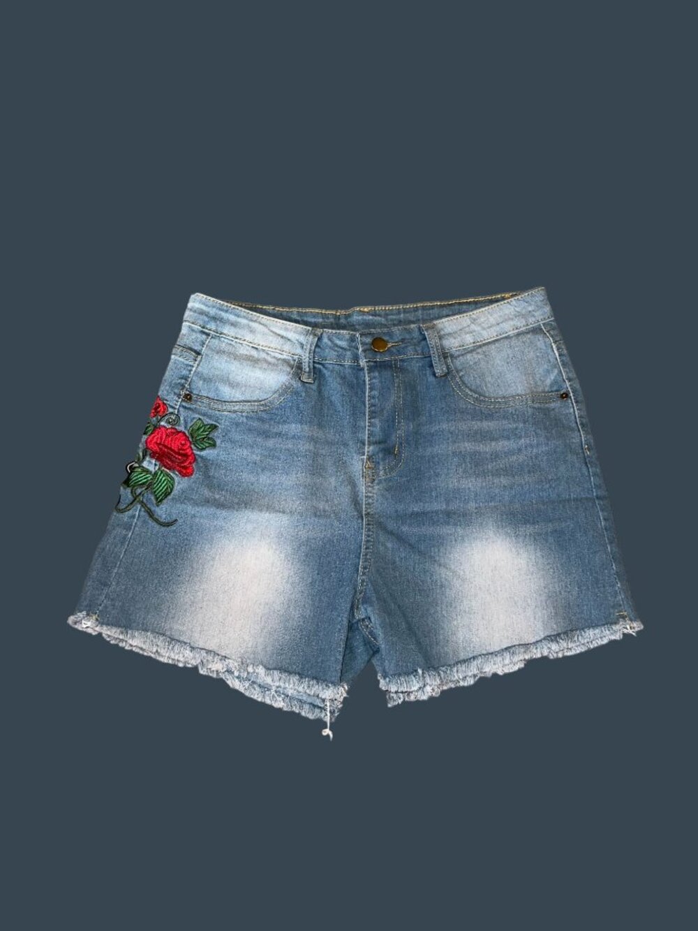Zaful Womens Denim Shorts W/ Rose Embroidery Frayed Hem Size 4 Light Wash Cotton - Picture 7 of 11
